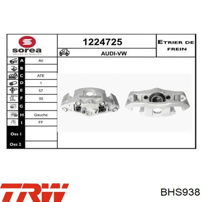Pinza de freno trasera izquierda TRW BHS938 precio, desde 78,26 EUR