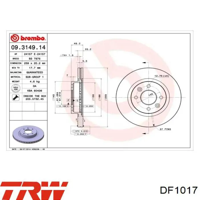 Disco de freno DF1017 TRW