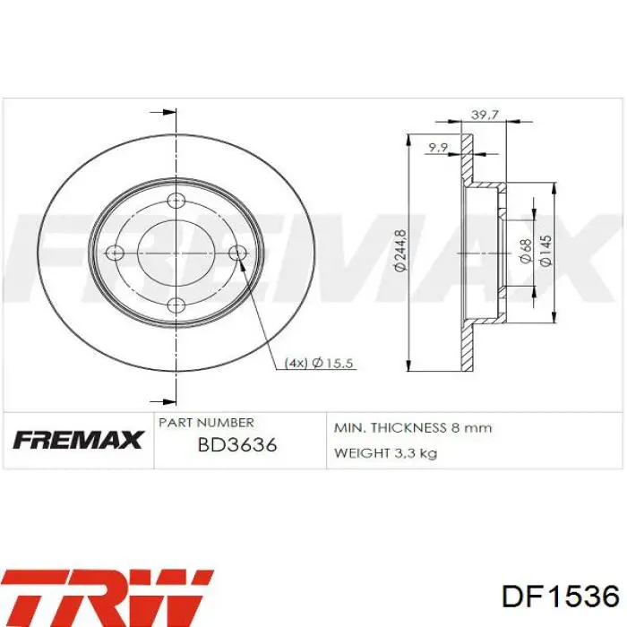 Disco de freno trasero DF1536 TRW