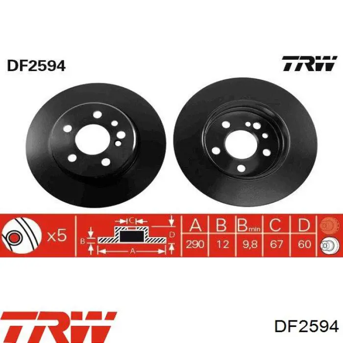 DF2594 TRW disco de freno trasero