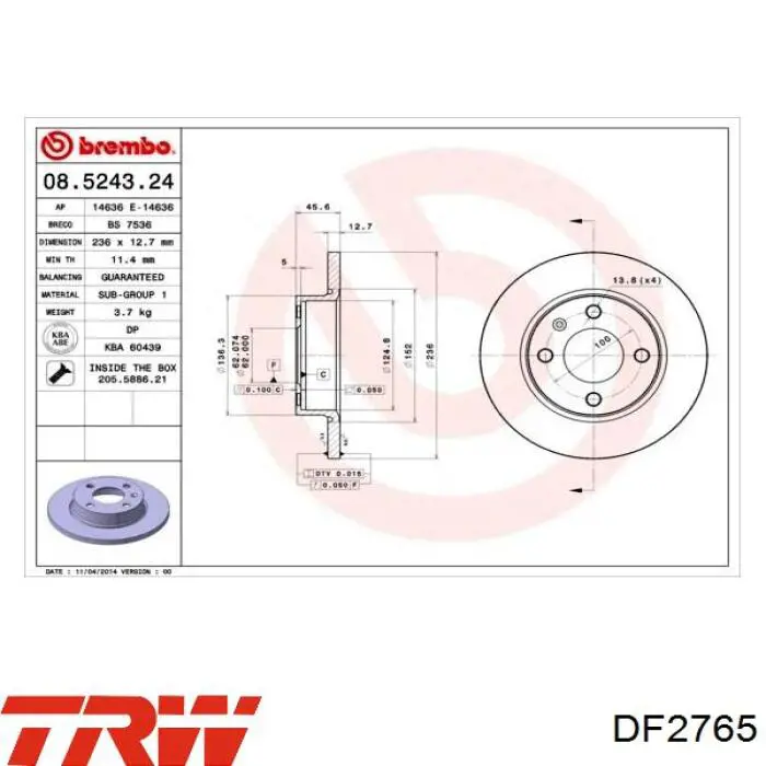 Disco de freno DF2765 TRW