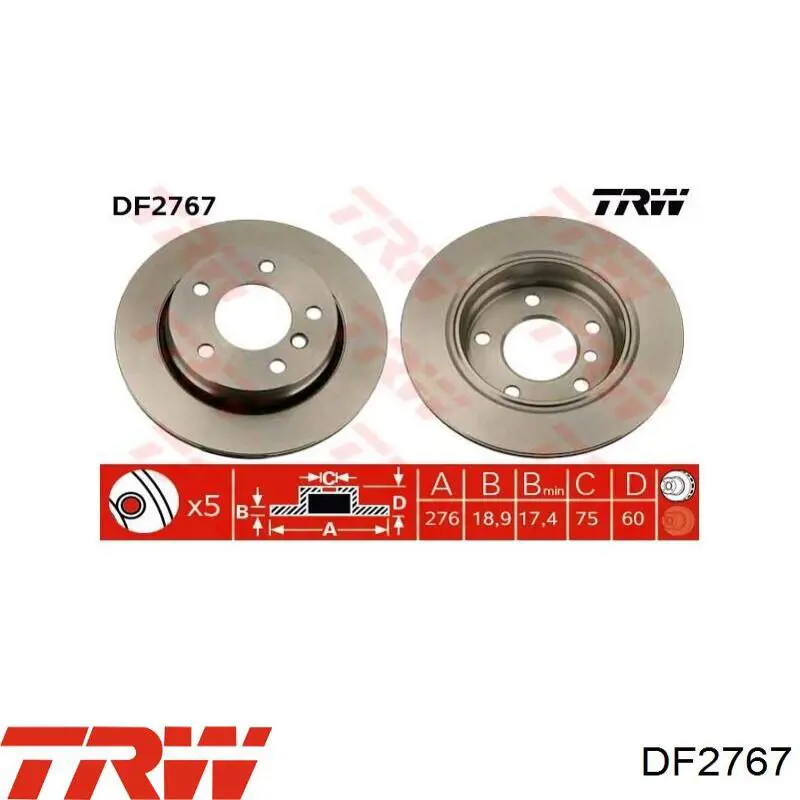 Disco de freno trasero DF2767 TRW