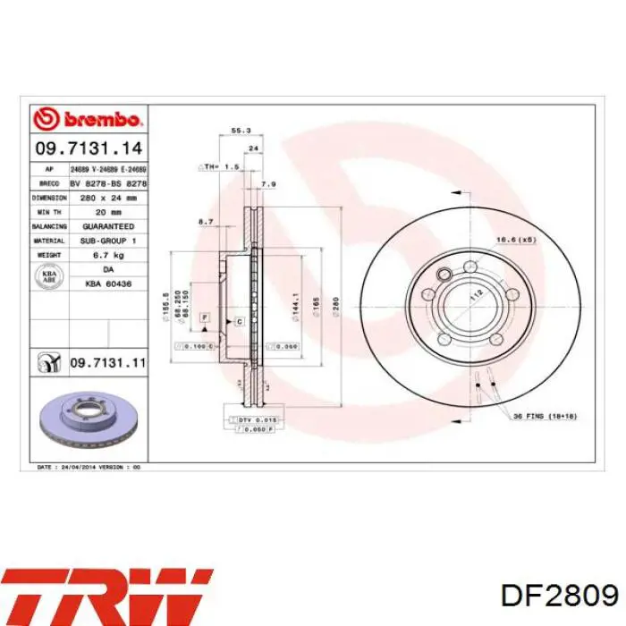 Disco de freno DF2809 TRW