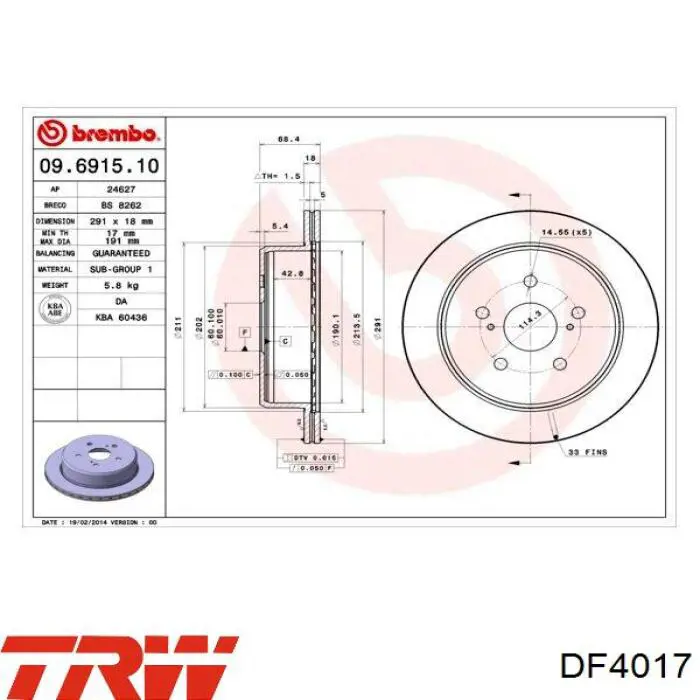 Disco de freno trasero DF4017 TRW