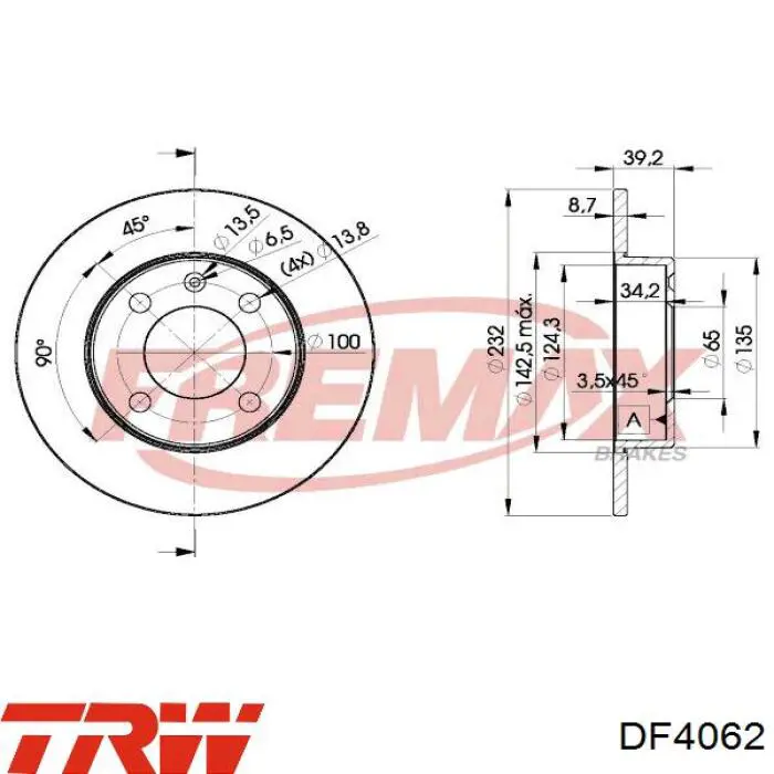 Disco de freno trasero DF4062 TRW