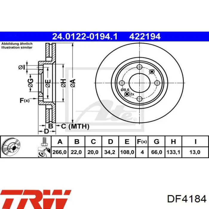 Disco de freno DF4184 TRW