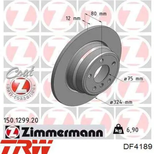 Disco de freno trasero DF4189 TRW