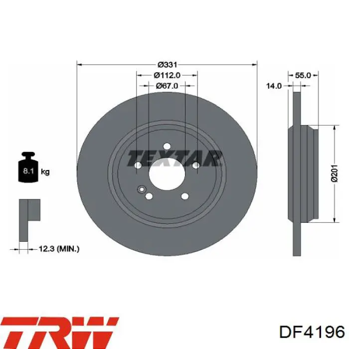 Disco de freno trasero DF4196 TRW
