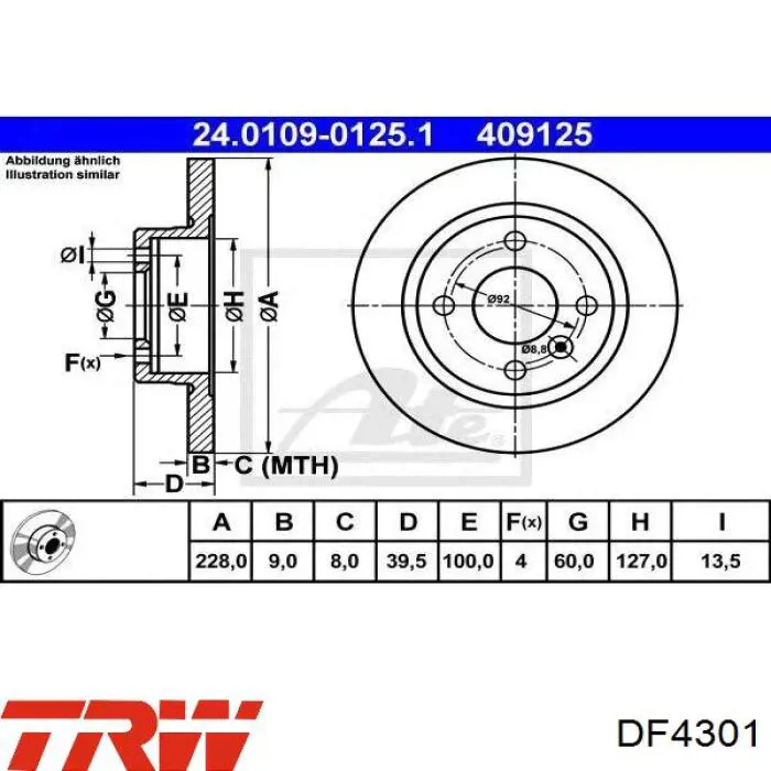 Disco de freno trasero DF4301 TRW