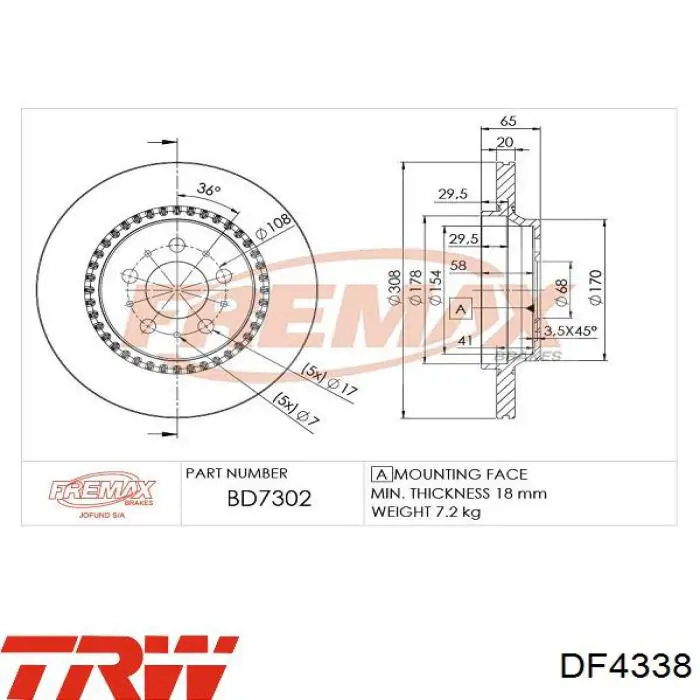 DF4338 TRW Freno de disco trasero