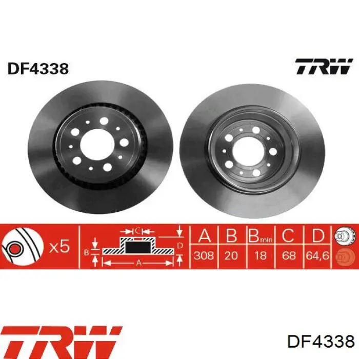 DF4338 TRW disco de freno trasero