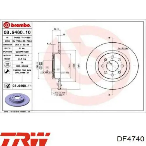 Disco de freno trasero DF4740 TRW