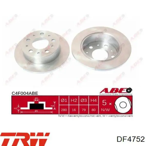 Disco de freno trasero DF4752 TRW