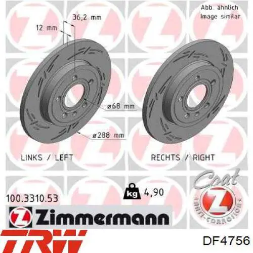 Disco de freno trasero DF4756 TRW