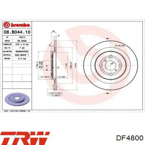 Disco de freno trasero DF4800 TRW