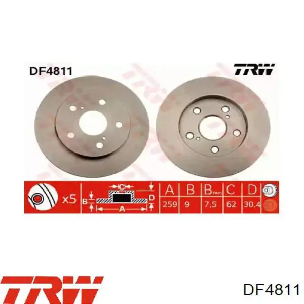 Disco de freno trasero DF4811 TRW