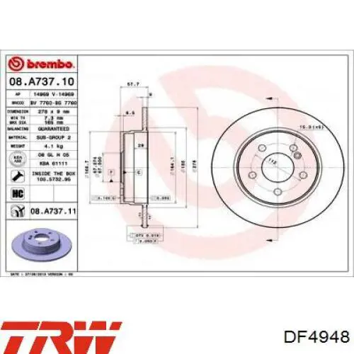 DF4948 TRW Freno de disco trasero