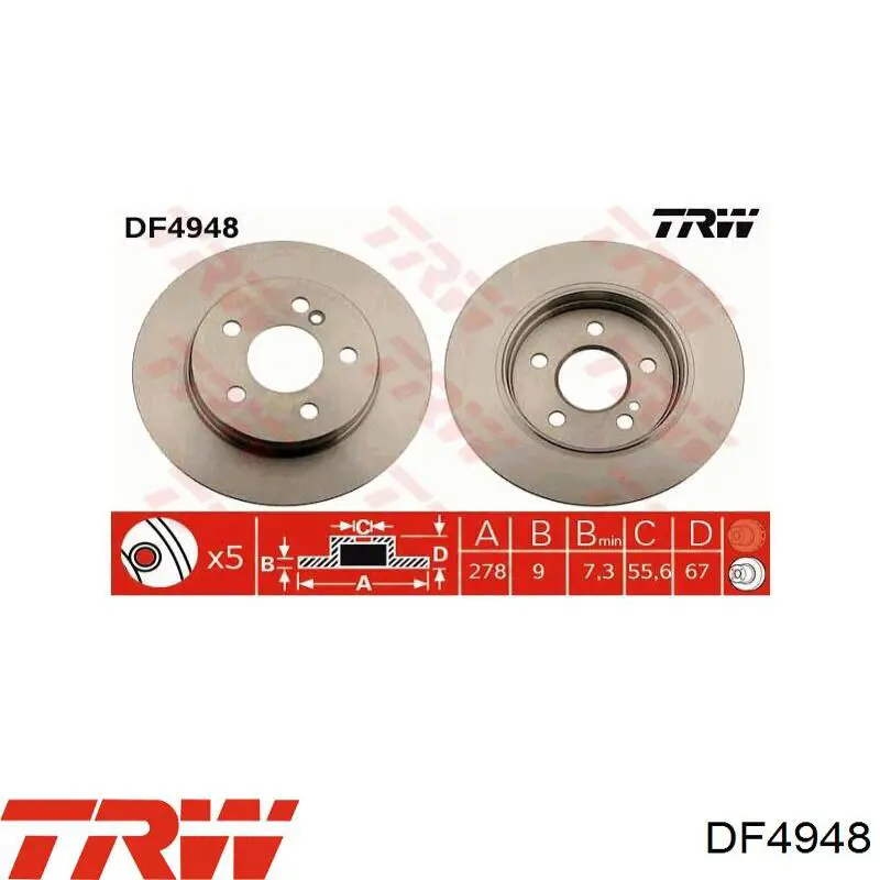 Disco de freno trasero DF4948 TRW