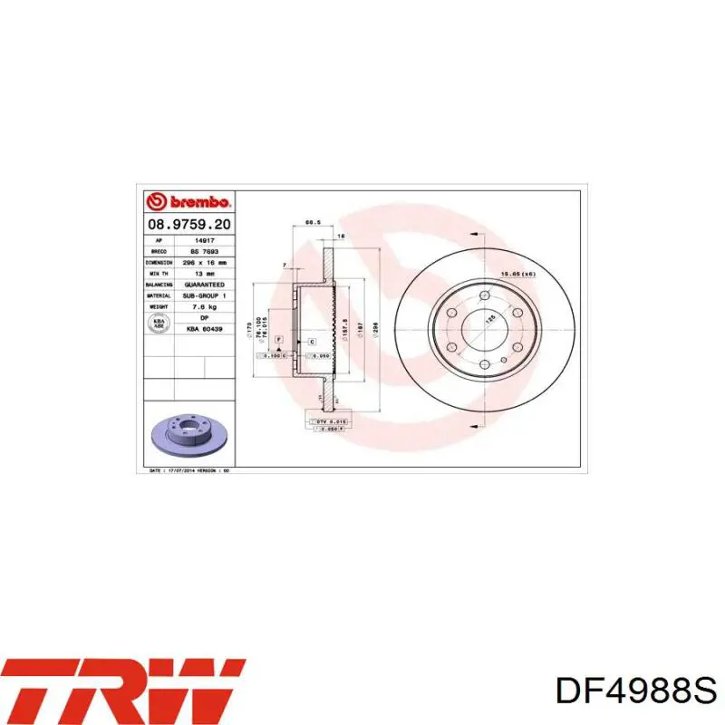 Disco de freno trasero DF4988S TRW