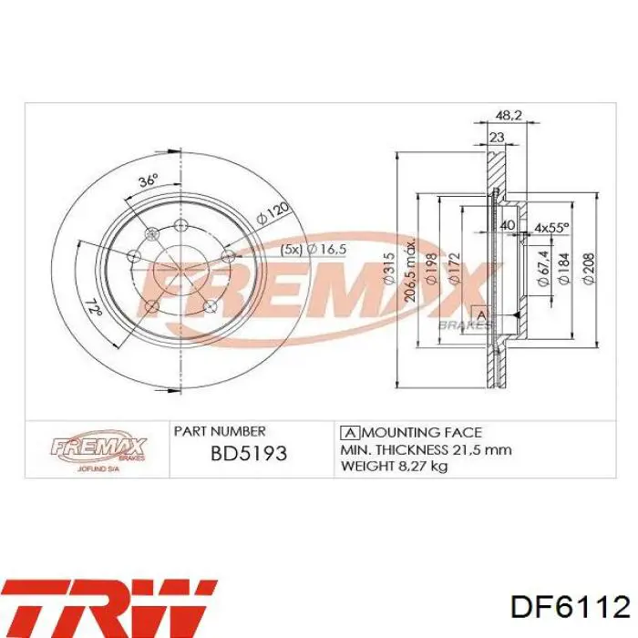 DF6112 TRW Freno de disco trasero
