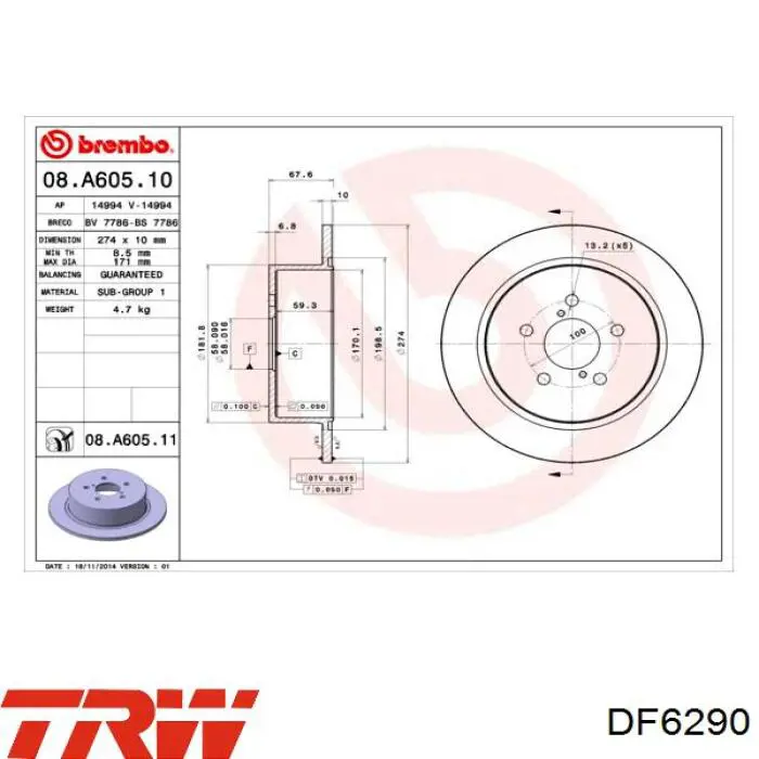 Disco de freno trasero DF6290 TRW