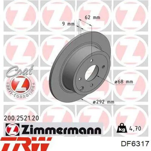 Disco de freno trasero DF6317 TRW