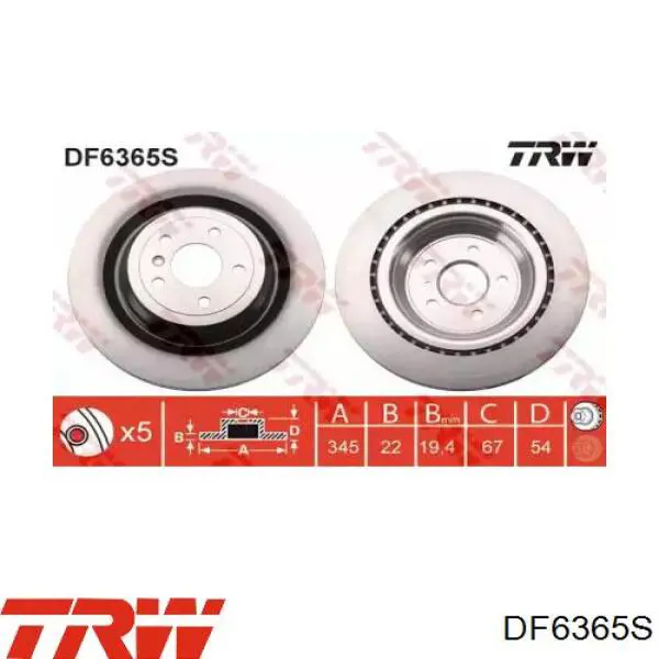 Disco de freno trasero DF6365S TRW