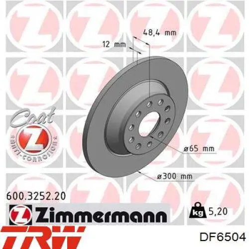 Disco de freno trasero DF6504 TRW