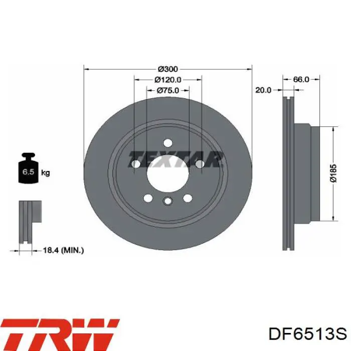 Disco de freno trasero DF6513S TRW
