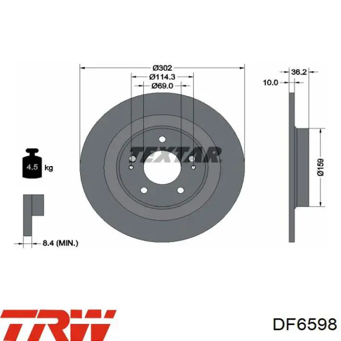 Disco de freno trasero DF6598 TRW