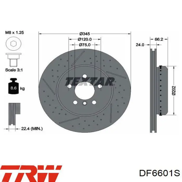 Disco de freno trasero DF6601S TRW