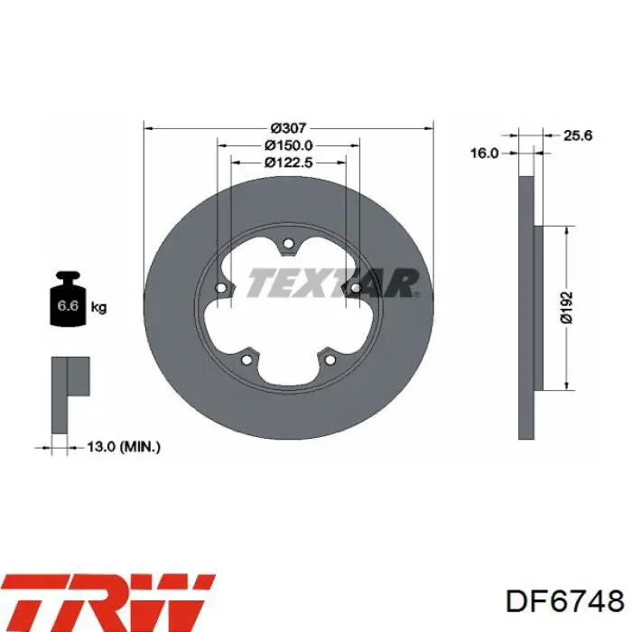 Disco de freno trasero DF6748 TRW