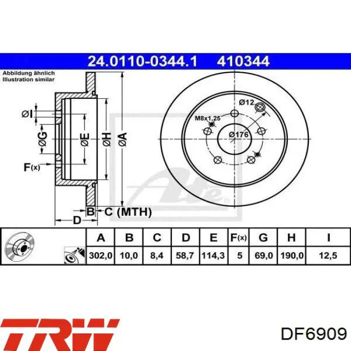 DF6909 TRW disco de freno trasero