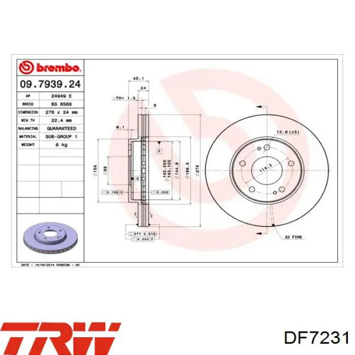 Disco de freno DF7231 TRW
