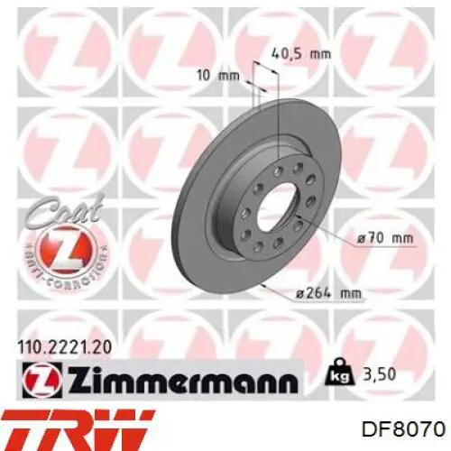 DF8070 TRW disco de freno trasero