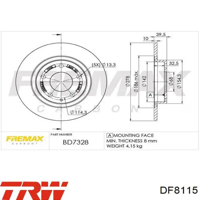 Disco de freno trasero DF8115 TRW
