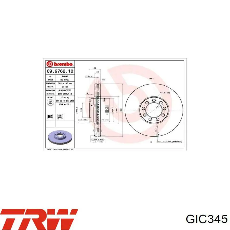 Sensor de desgaste de las pastillas de freno delanteras TRW GIC345 precio, desde 10,55 EUR