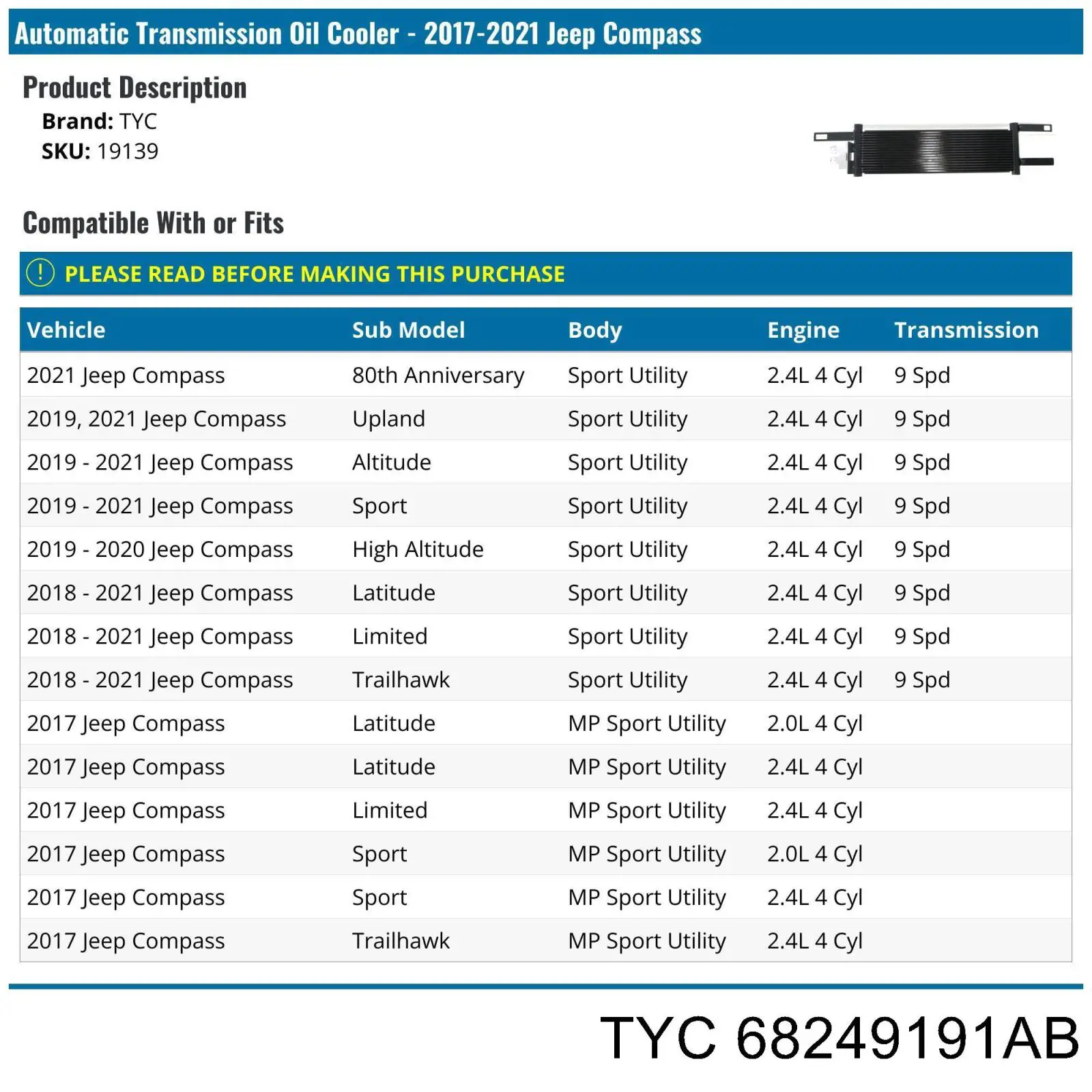 68249191AB TYC radiador enfriador de la transmision/caja de cambios