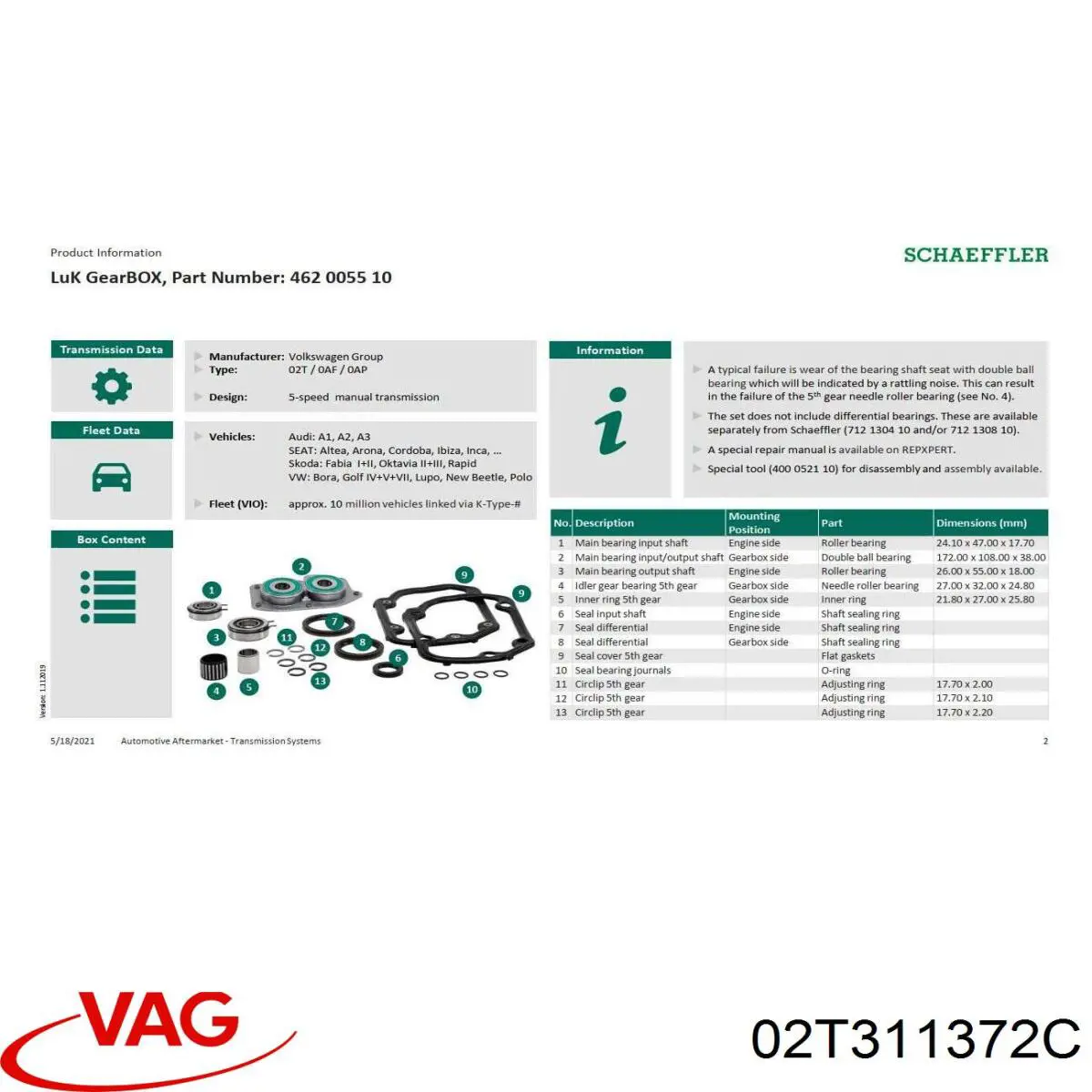 Cojinete Del Eje De Entrada De La Caja De Engranajes Volkswagen Passat 3C2