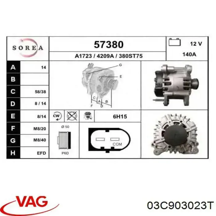 Alternador 03C903023T VAG