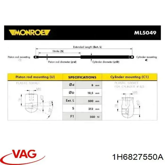 Amortiguador de maletero VAG 1H6827550A precio, desde 12,75 EUR