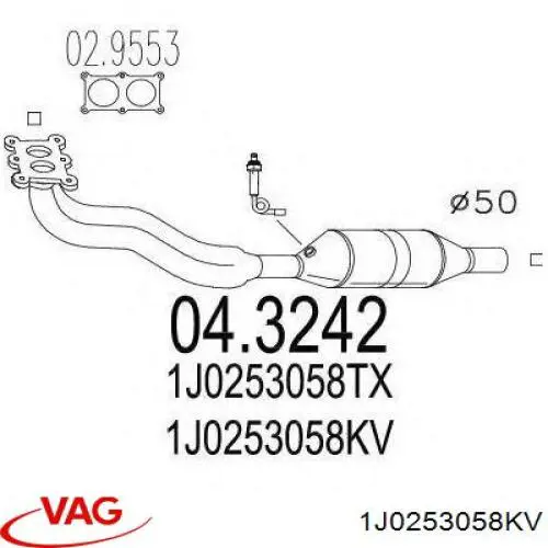 1J0253058KXX VAG Tubo de admisión del silenciador de escape delantero