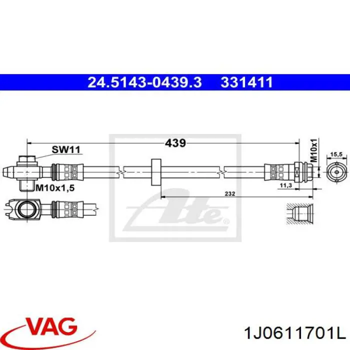 1J0611701L VAG Tubo de frenos delantero