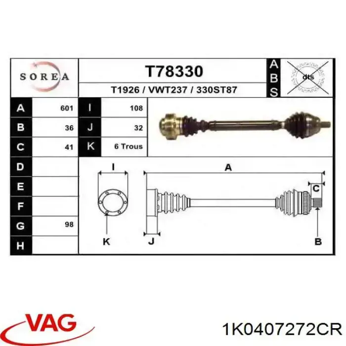 Comprar 1K0407272CR VAG Semieje delantero derecho