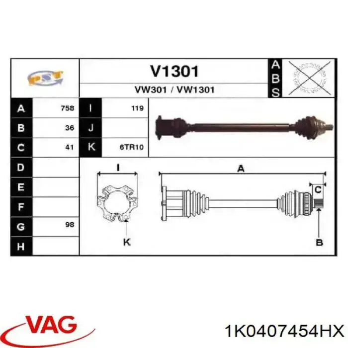 Comprar 1K0407454HX VAG Árbol de transmisión delantero derecho
