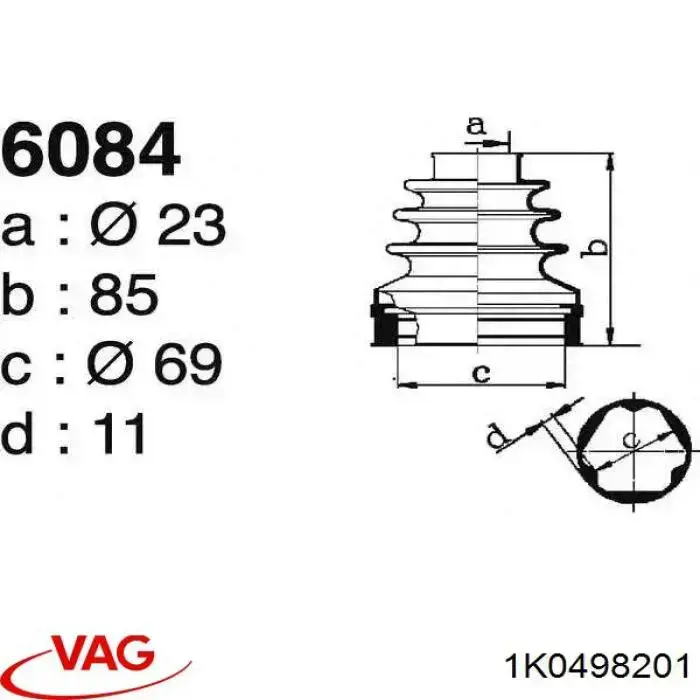 Fuelle interior de junta homocinética del semieje trasero 1K0498201 VAG