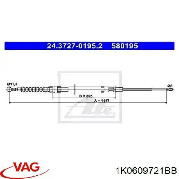 1K0609721BB VAG cable de freno de mano trasero derecho/izquierdo