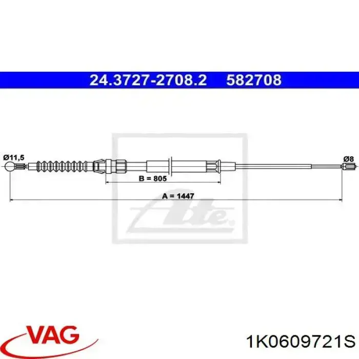 Cable de freno de mano trasero derecho/izquierdo VAG 1K0609721S precio, desde 12,67 EUR