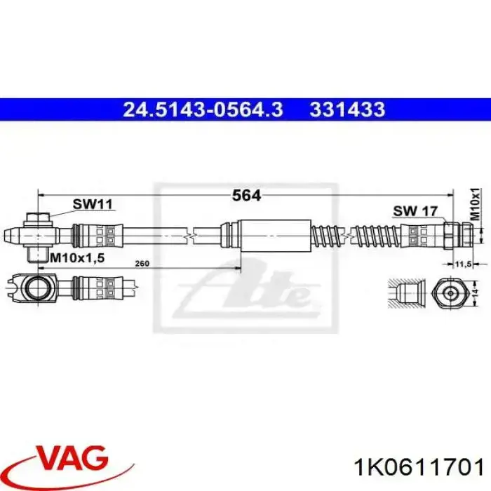 1K0611701 VAG Tubo de frenos delantero