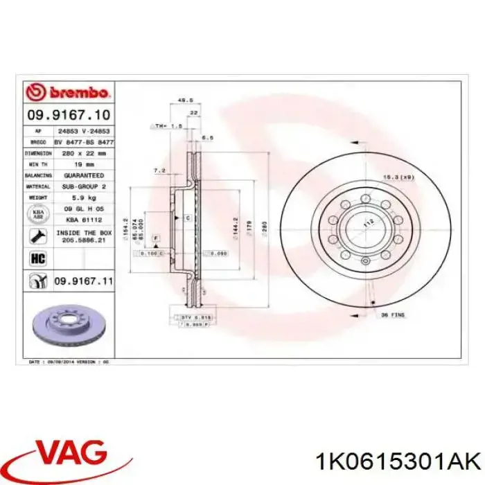 Disco de freno 1K0615301AK VAG